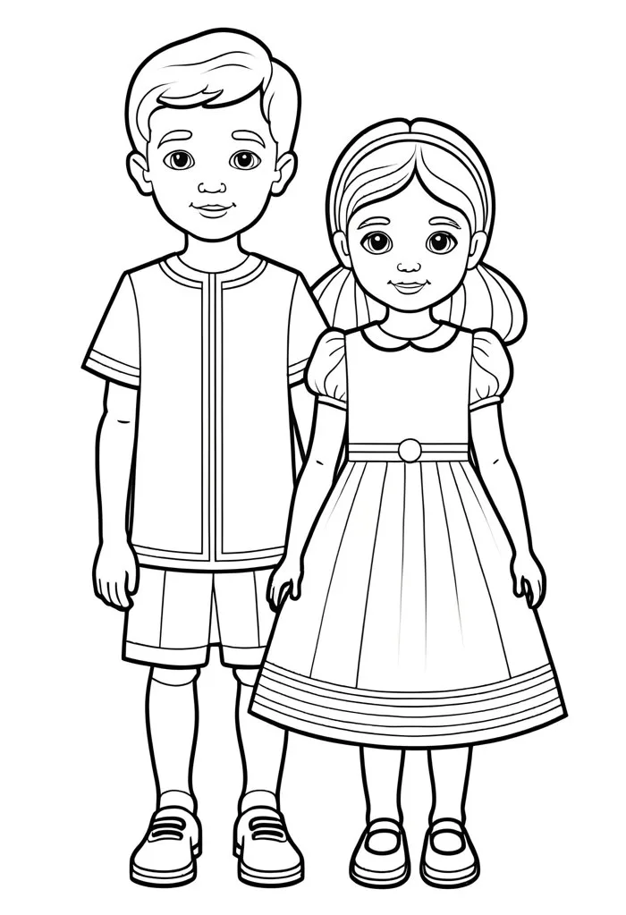 Hình ảnh miễn phí: Một bức vẽ đơn giản về một bé trai và bé gái đứng cùng  nhau, tranh tô màu đen trắng cho trẻ mầm non