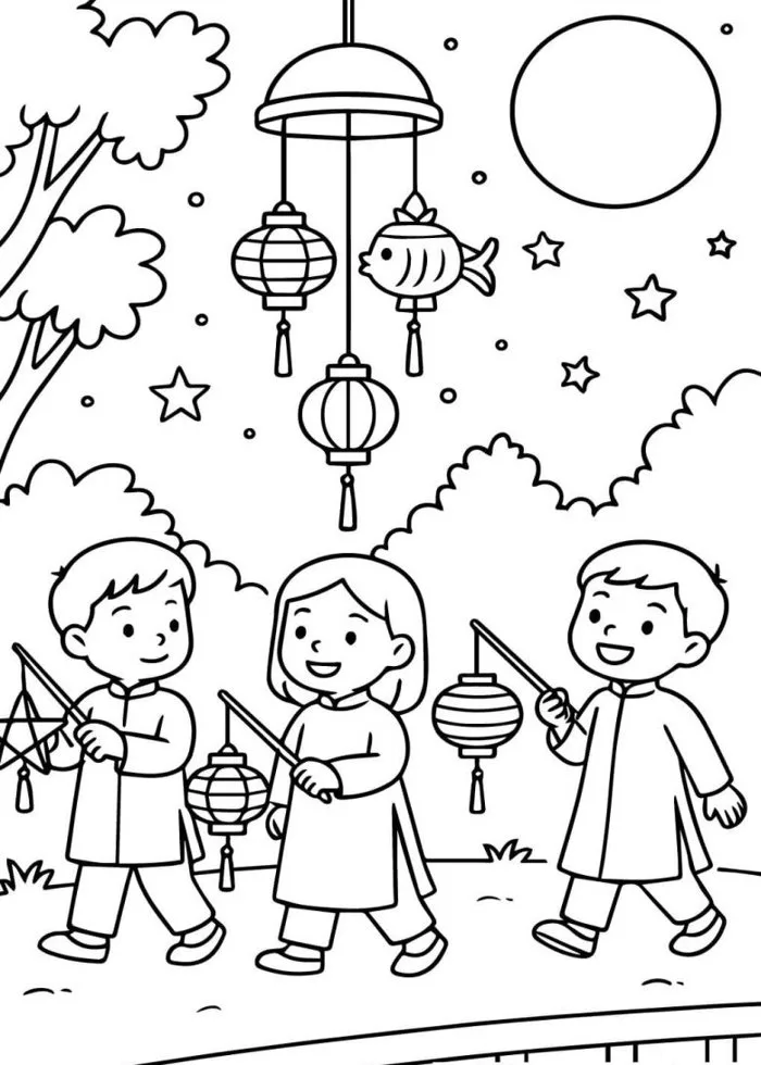 20 bức tranh tô màu lễ hội Trung thu, bé hòa cùng không khí rước đèn lồng  đêm rằm