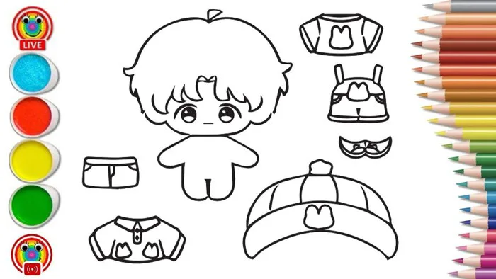 Trang tô màu búp bê giấy và trang phục - Paper doll and outfits coloring  pages for kids