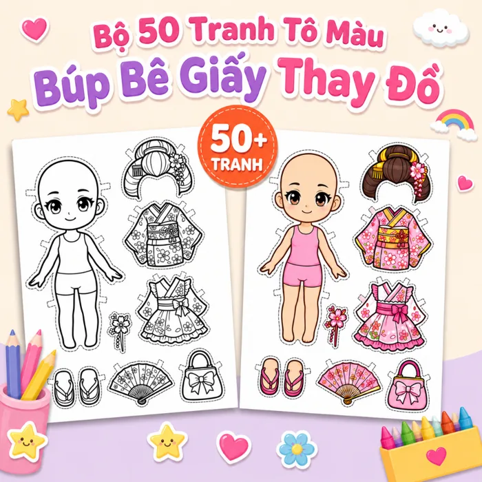 GIẤY DÀY 180gsm) Bộ 50 Tranh Tô Màu Búp Bê Giấy Thay Đồ Dễ Thương Cho Bé |  Shopee Việt Nam