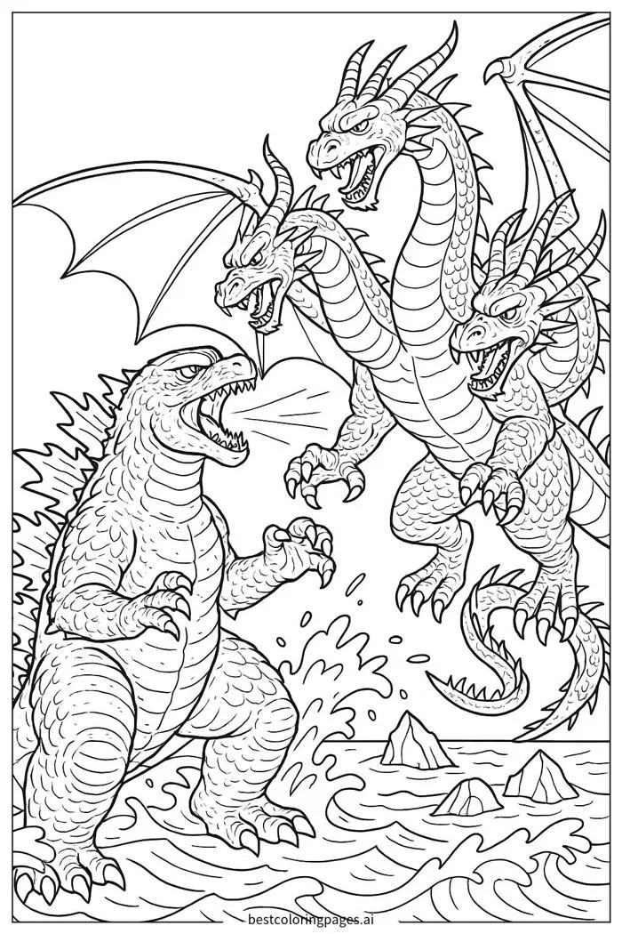 Godzilla chiến đấu với King Ghidorah trên đại dương Trang tô màu - In miễn  phí | BestColoringPages AI