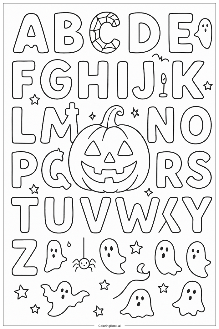 Trang Tô Màu Bảng Chữ Cái Halloween Với Bí Ngô (Có thể In Miễn Phí dưới  định dạng PDF & PNG)