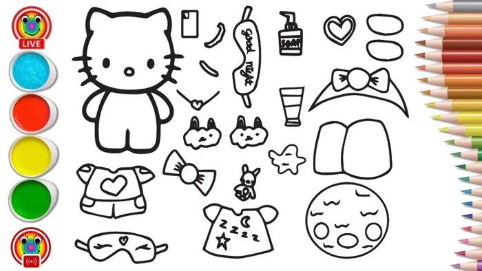 Tranh tô màu Hello Kitty và trang phục/ Hello Kitty and Outfits Coloring  Pages for kids