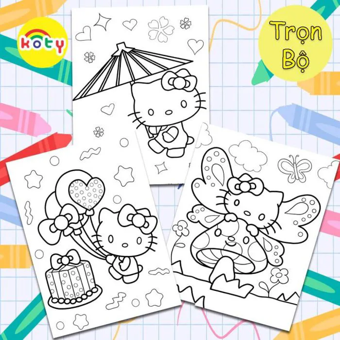 Tranh Tô Màu Hello Kitty và những người bạn - Bộ 10 Tờ Tranh Tô Màu A4 A5  Dành Cho Màu Sáp Màu Chì - TRANH TÔ MÀU KOTY Kích Thước A4 -