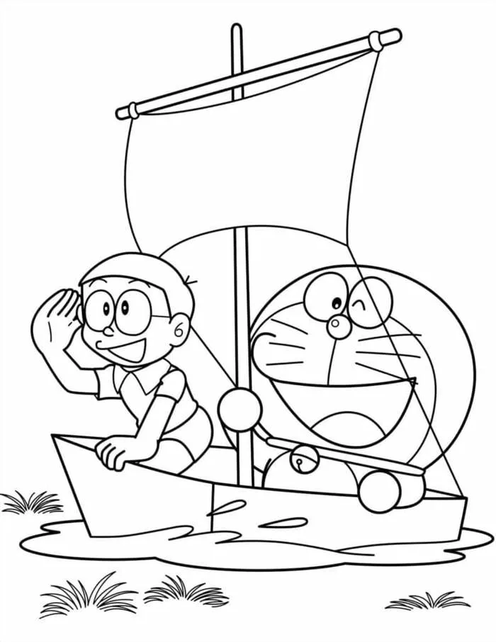 Tô màu Nobita Và Doraemon Trên Thuyền - Trang Tô Màu Cho Bé