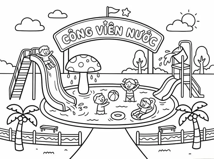 Tô màu Vui Chơi Ở Công Viên Nước - Trang Tô Màu Cho Bé