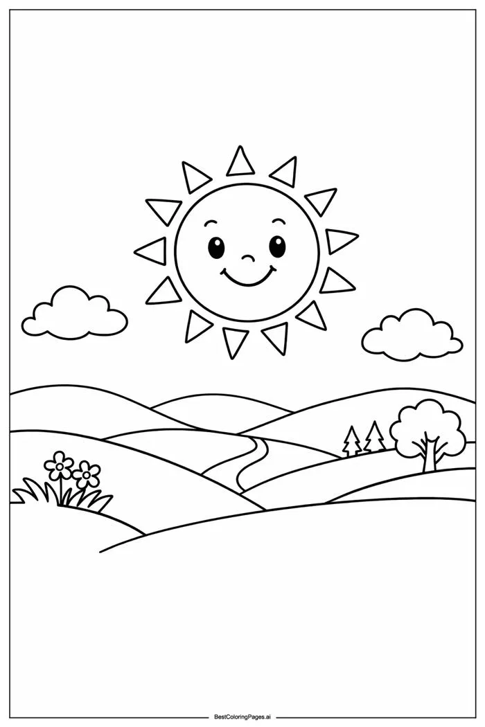 Ông Mặt Trời Cười Tươi Trên Đồi Xanh Trang tô màu - In miễn phí | BestColoringPages AI Ông Mặt Trời Cười Tươi Trên Đồi Xanh Trang tô màu - In miễn phí | BestColoringPages AI