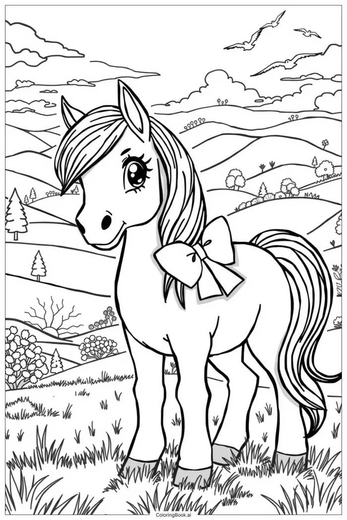 Trang Tô Màu Pony Dễ Thương Có Cái Nơ-2 (Có thể In Miễn Phí dưới định dạng  PDF & PNG)