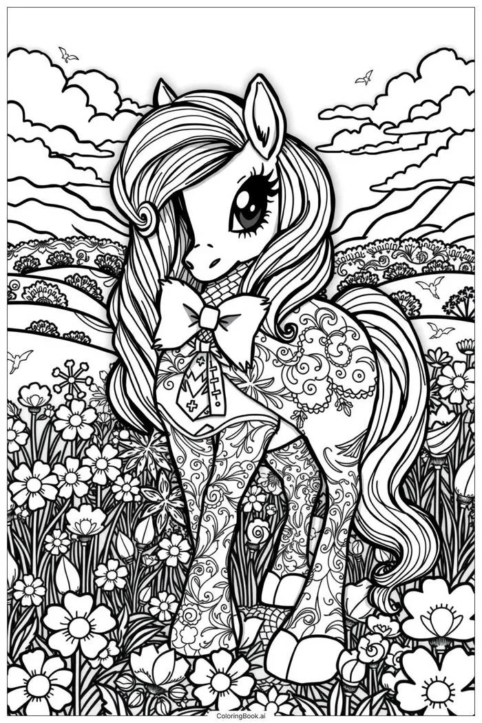 Trang Tô Màu Pony dễ thương với Nơ (Có thể In Miễn Phí dưới định dạng PDF &  PNG)