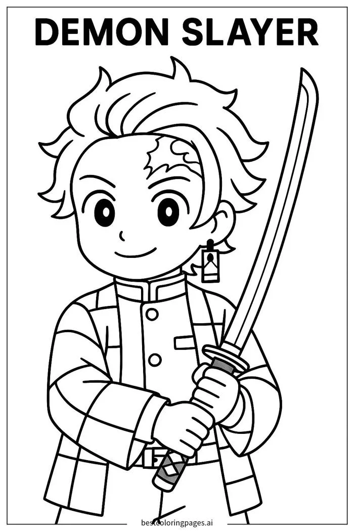 Tanjiro với Thanh Kiếm của mình Trang tô màu - In miễn phí |  BestColoringPages AI