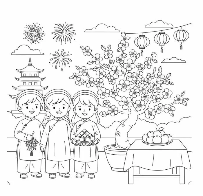 Tô màu Các Bé Ngày Tết Nguyên Đán - Trang Tô Màu Cho Bé