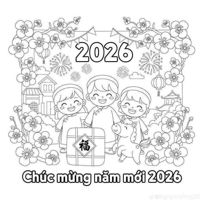 Tranh tô màu chủ đề Tết nguyên đán 2026