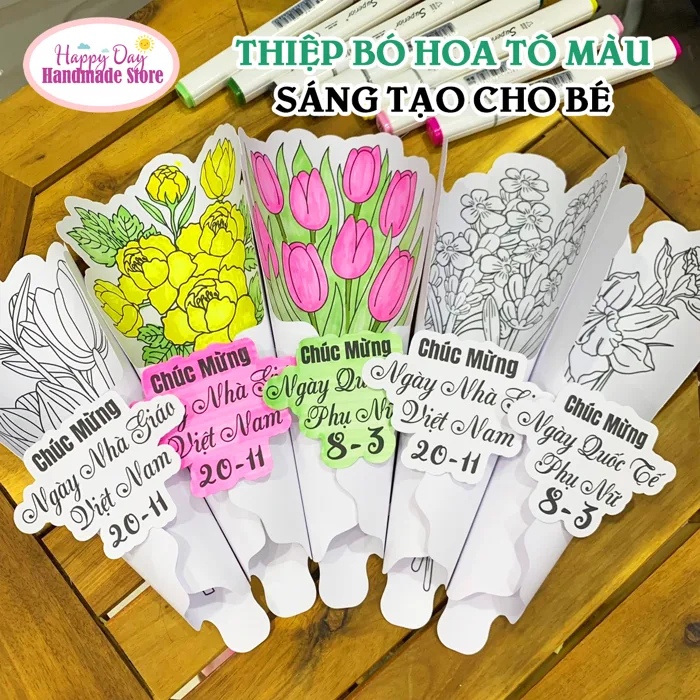 Thiệp Bó Hoa Tô Màu Cắt Sẵn Cho Bé - Tô Màu Sáng Tạo - Thiệp hoa tặng ngày  nhà giáo Việt Nam 20/11, 20/10, 8/3, Ngày của Mẹ - Tranh Tô