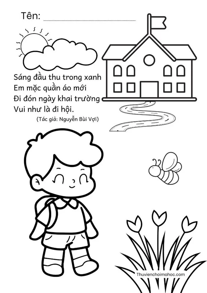 Bộ 10 Tranh Tô Màu Trường Mầm Non Đơn Giản | Bé Đến Trường Ngày Khai Giảng