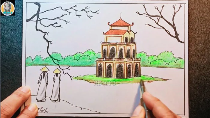 Vẻ đẹp cuộc sống trong tác phẩm mĩ thuật | vẽ phong cảnh hồ gươm tháp rùa|  mĩ thuật lớp 9 | KC art 3