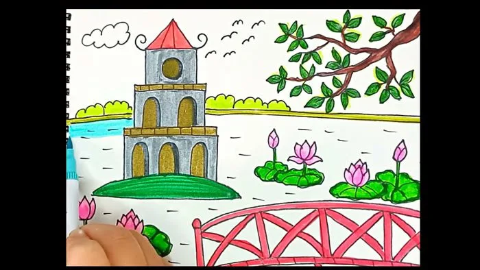 Hướng dẫn vẽ Hồ Gươm Tháp Rùa đơn giản ( How to draw lake)#drawing #hoguom  #lake