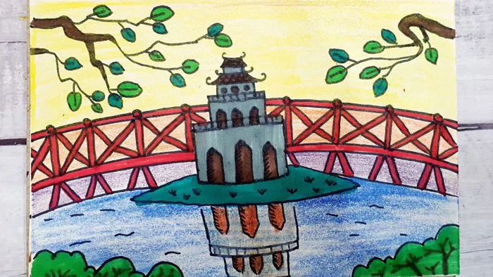 Vẽ Tranh Em Yêu Hà Nội| Hà Nội Trong Mắt Em| Cách Vẽ Tháp Rùa, Hồ Gươm, Cầu  Thê Húc Đơn Giản