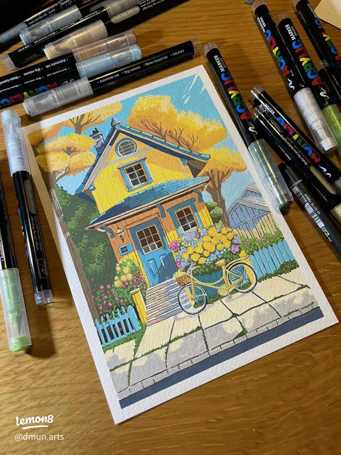 Cách vẽ tranh bằng màu acrylic marker: Ngôi nhà nhỏ dễ thương cho người mới  bắt đầu