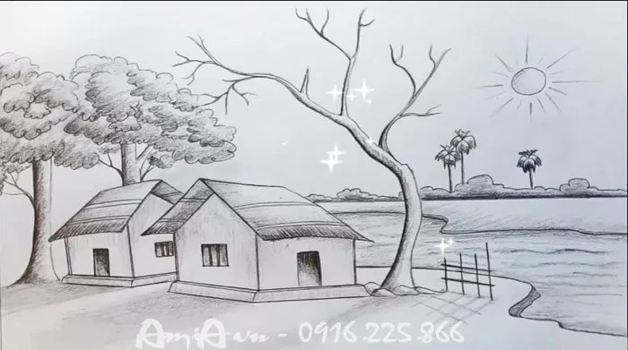 Cách vẽ tranh phong cảnh quê hương đẹp bằng chì