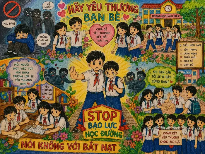 Vẽ tranh bạo lực học đường: 30+ ý tưởng và thông điệp ý nghĩa