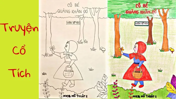 Vẽ trang trí bìa sách mĩ thuật | Vẽ bìa truyện cổ tích Cô bé quàng khăn đỏ
