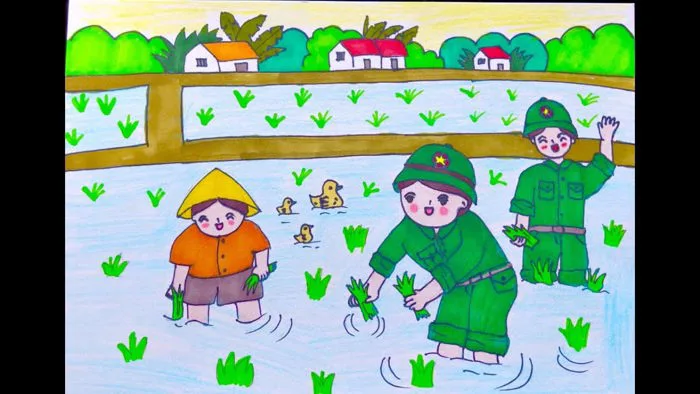 VẼ TRANH BỘ ĐỘI VÀ NHÂN DÂN : CHÚ BỘ ĐỘI GIÚP DÂN CẤY LÚA VẼ TRANH BỘ ĐỘI VÀ NHÂN DÂN : CHÚ BỘ ĐỘI GIÚP DÂN CẤY LÚA
