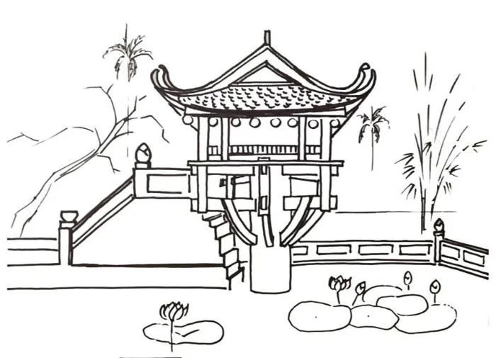 Tranh tô màu Chùa Một Cột đẹp, dễ in A4 cho bé