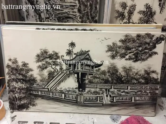 Tranh sứ đen trắng vẽ chùa một cột cả khung 50x80 – Bát Tràng Mỹ Nghệ