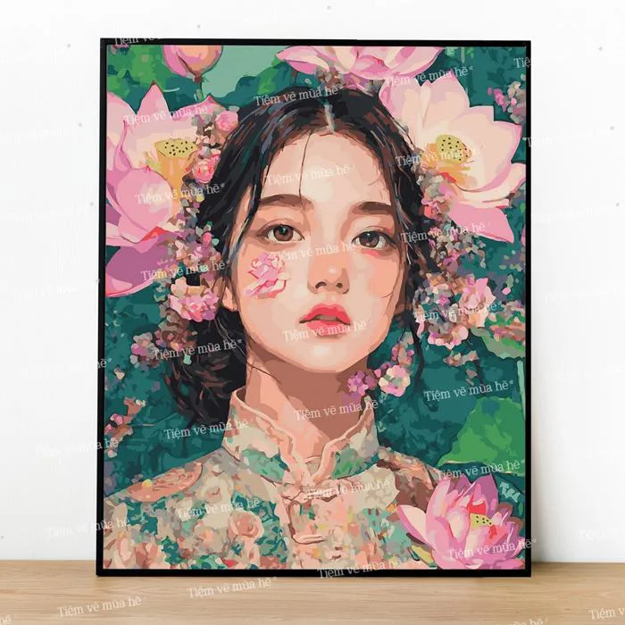 Tranh số hóa Cô gái sen hồng đã căng khung 40x50cm