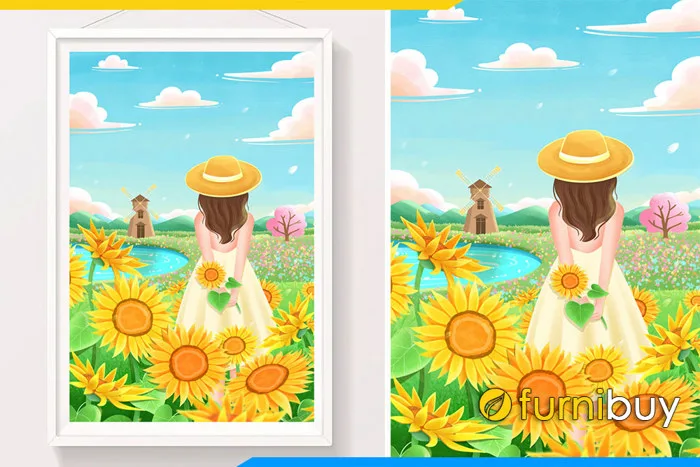 Tranh canvas cô gái trong vườn hướng dương Amia HD 140