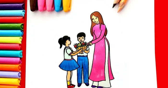 4 bước học vẽ cô giáo và học sinh đơn giản kèm video