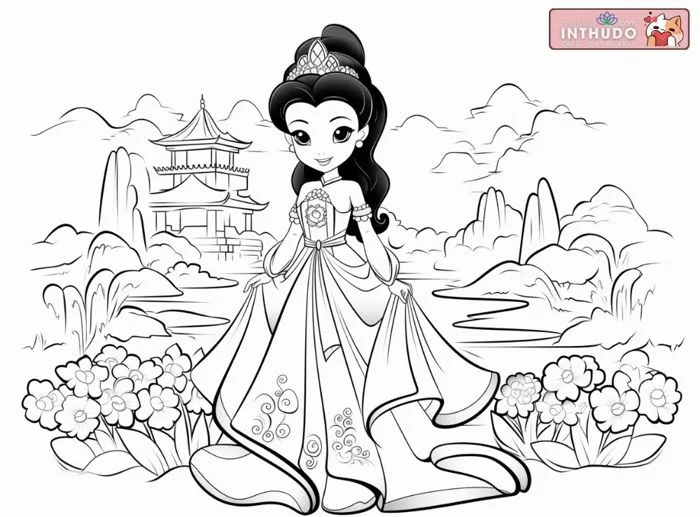 Tranh tô màu công chúa cổ trang Trung Quốc đẹp