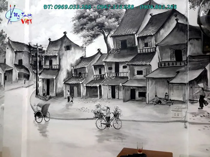 Công trình vẽ đen trắng tranh phố cổ hà nội | Học vẽ tranh tường 3d, dạy vẽ  phong cảnh online cơ bản tại Hà Nội, HCM