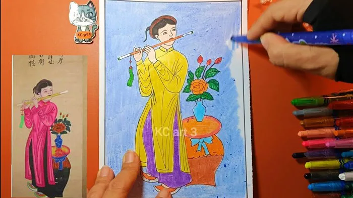 Vẽ Mô Phỏng tranh Dân Gian Hàng Trống - Nét màu trong tranh dân gian Hàng  Trống - Thiếu nữ thổi sáo