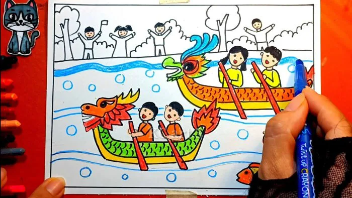 Vẽ lễ hội đua thuyền - hội xuân quê hương - vẽ theo hình thức ước lệ - yếu  tố dân tộc trong tranh