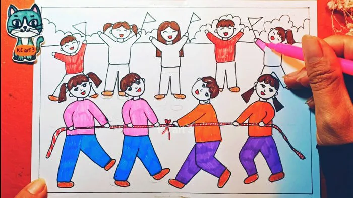 Vẽ lễ hội kéo co - hội xuân quê hương - tranh vẽ theo hình thức ước lệ -  yếu tố dân tộc trong tranh