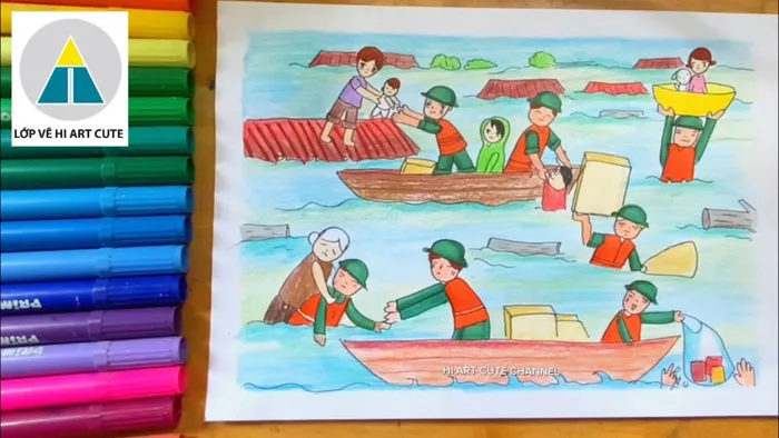 Vẽ tranh chú bộ đội giúp đỡ người dân trong bão lũ | Vẽ tranh hoạt động  thiện nguyện