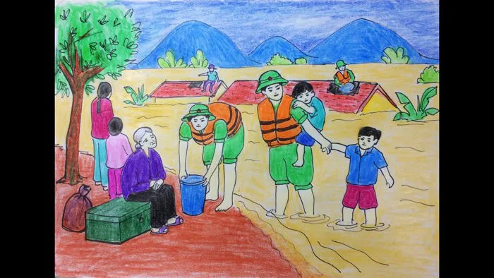 Vẽ tranh đề tài lực lượng vũ trang - Vẽ tranh chú bộ đội giúp dân miền  Trung chống lũ