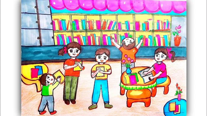 Không gian trong thư viện lớp 4/Mĩ thuật lớp 4/ vẽ tranh ngày hội đọc  sách/@emvesacmau