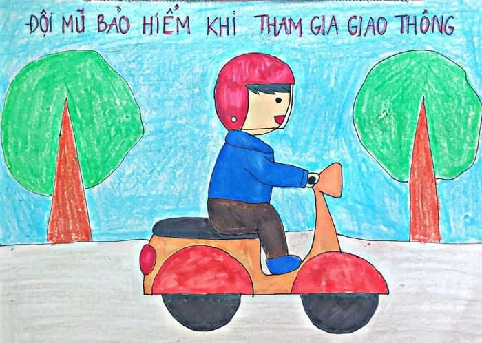 Vẽ tranh với chủ đề đội mũ xinh để bảo vệ bản thân