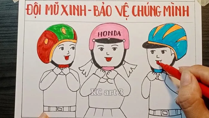 Tranh áp phích - cổ động : vẽ đội mũ xinh bảo vệ chúng mình | vẽ mũ bảo  hiểm | vẽ an toàn giao thông
