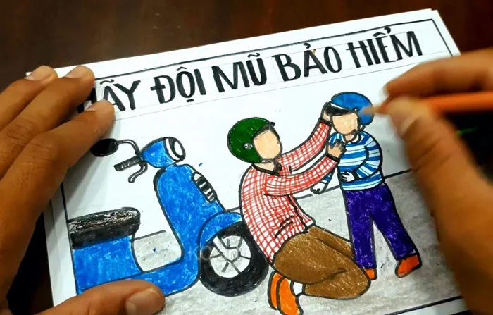 Vẽ tranh an toàn giao thông đội mũ bảo hiểm đơn giản và đẹp