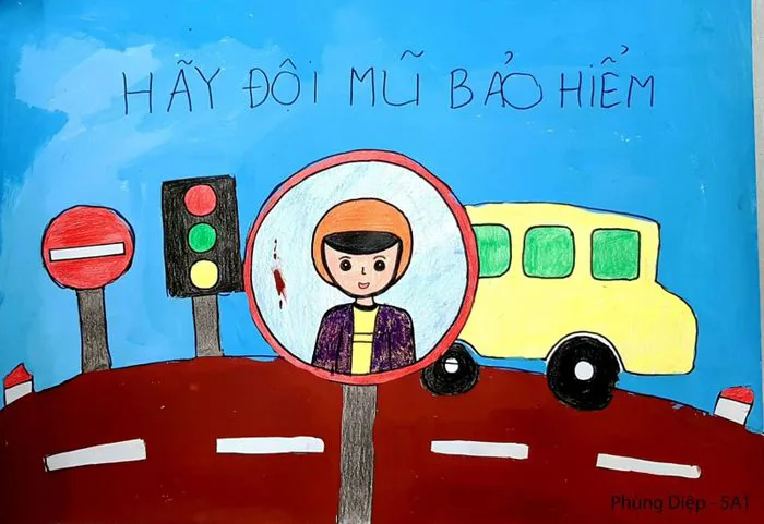 Vẽ tranh với chủ đề đội mũ xinh để bảo vệ bản thân
