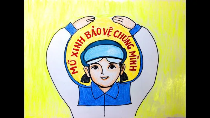 Vẽ tranh Đội Mũ Xinh Bảo Vệ Chúng Mình - Vẽ tranh cổ động Tuyên Truyền Đội  Mũ Bảo Hiểm