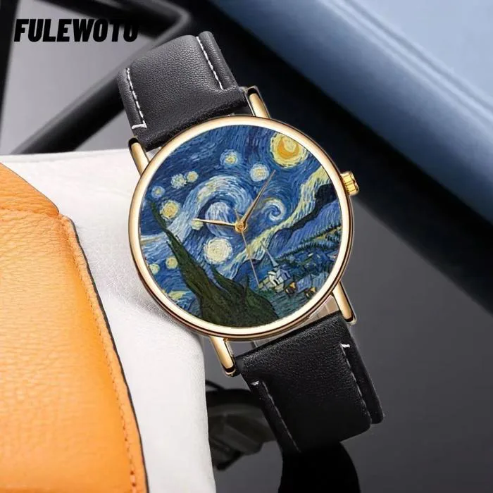 Đồng hồ vẽ tranh FILEWOOTO, Đồng hồ thạch anh nữ nghệ thuật ấn tượng thắt  lưng da, Đồng hồ đeo tay thời trang quyến rũ Đồng hồ đeo tay thông thường  dành