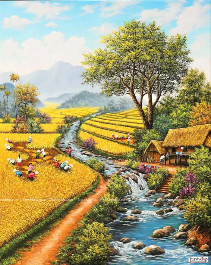 Tranh Đồng Quê - Tranh Phong Cảnh Cánh Đồng Lúa Đẹp Nhất