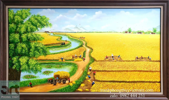 Tranh đồng quê vẽ cánh đồng lúa chín - Tranh Phong Thủy
