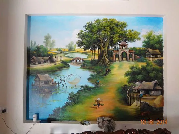 Tranh tường 3d đồng quê | Realistic pond scene art, Asian nature scene  painting, Village wall