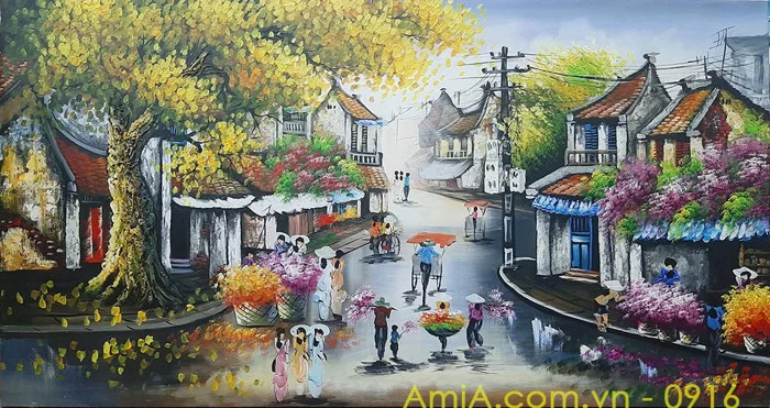 Tranh vẽ sơn dầu đường xá tấp nập phố cổ Hà Nội TSD 521