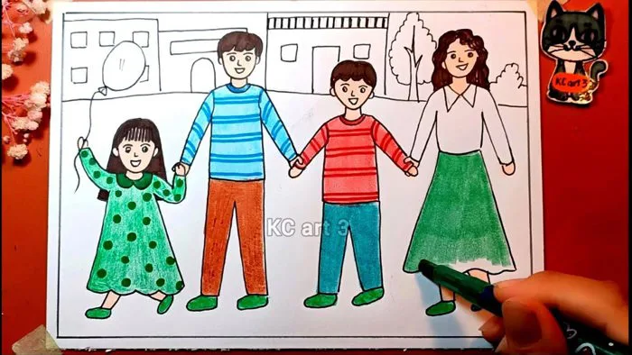 Vẽ gia đình hạnh phúc đi chơi - Một số dạng bố cục trong tranh sinh hoạt |  hội xuân quê hương